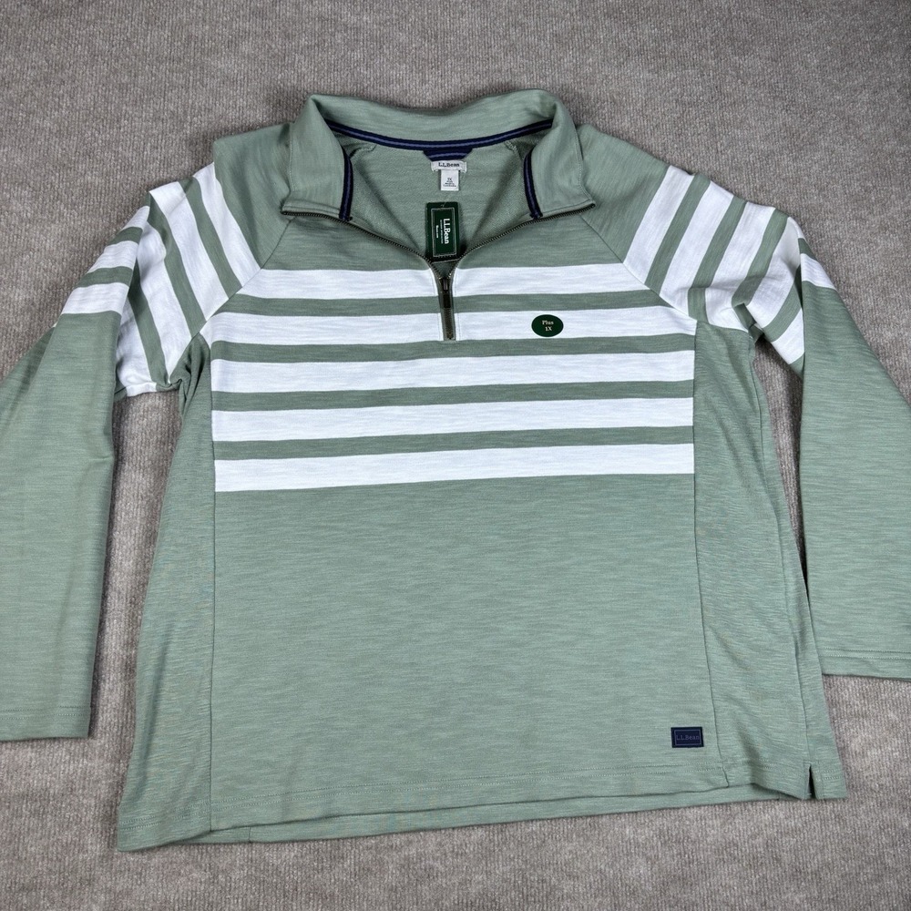 NWT L.L.Bean 1X Plus Peaks Island 1/4 Zip Pullover Sage White Striped Top